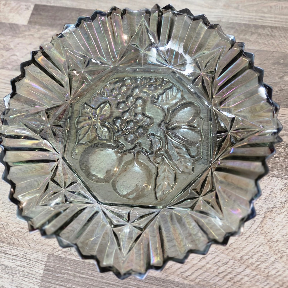 Federal Glass Bowl Smokey Grey Iridescent Carnival Glass Fruit Pattern Vintage